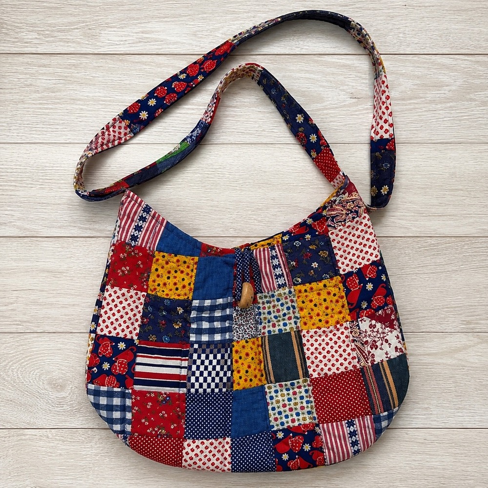 Handmade Patchwork Hobo Bag Red White Blue Floral Strawberry Cotton Shoulder Bag